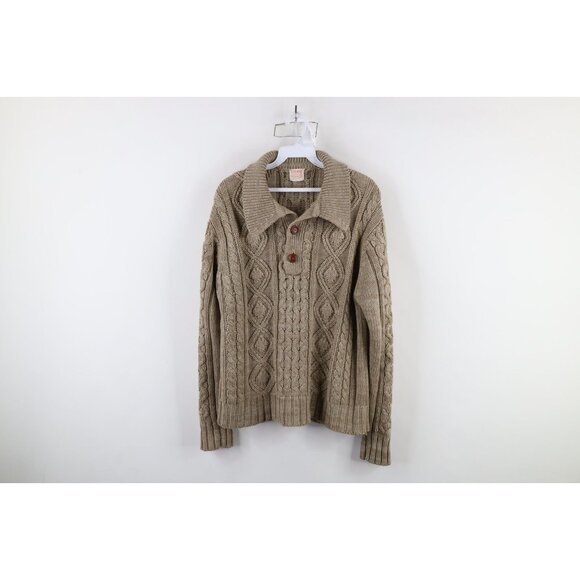 Vintage 70s Streetwear Mens Medium Aran Fisherman Cable Knit Collared Sweater